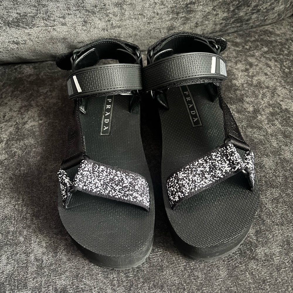 Prada Nomad Dad Sandal in Black/White platform, 37